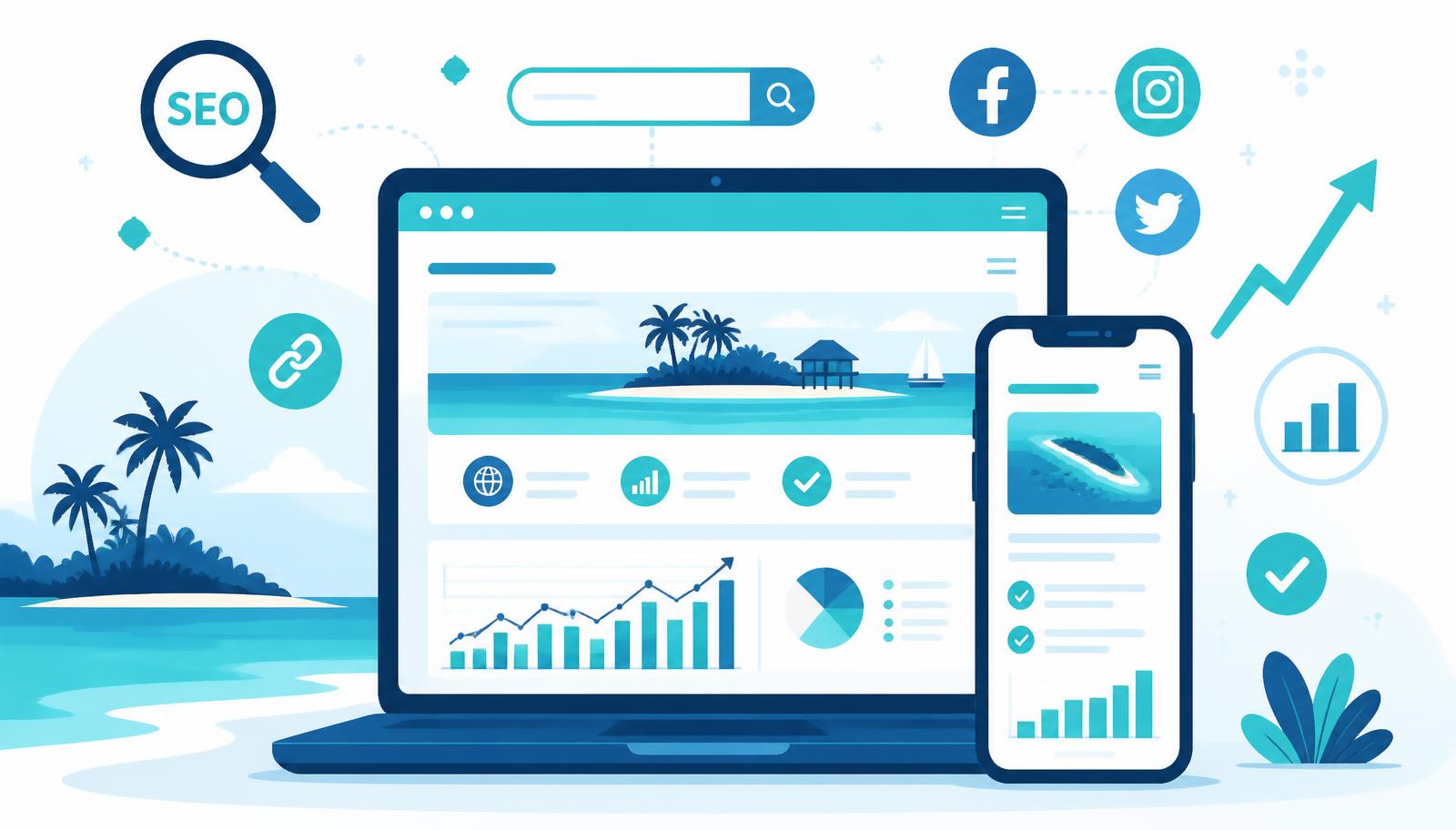 Laptop and smartphone displaying a professional website with growth charts — why businesses in Maldives need a website in 2026