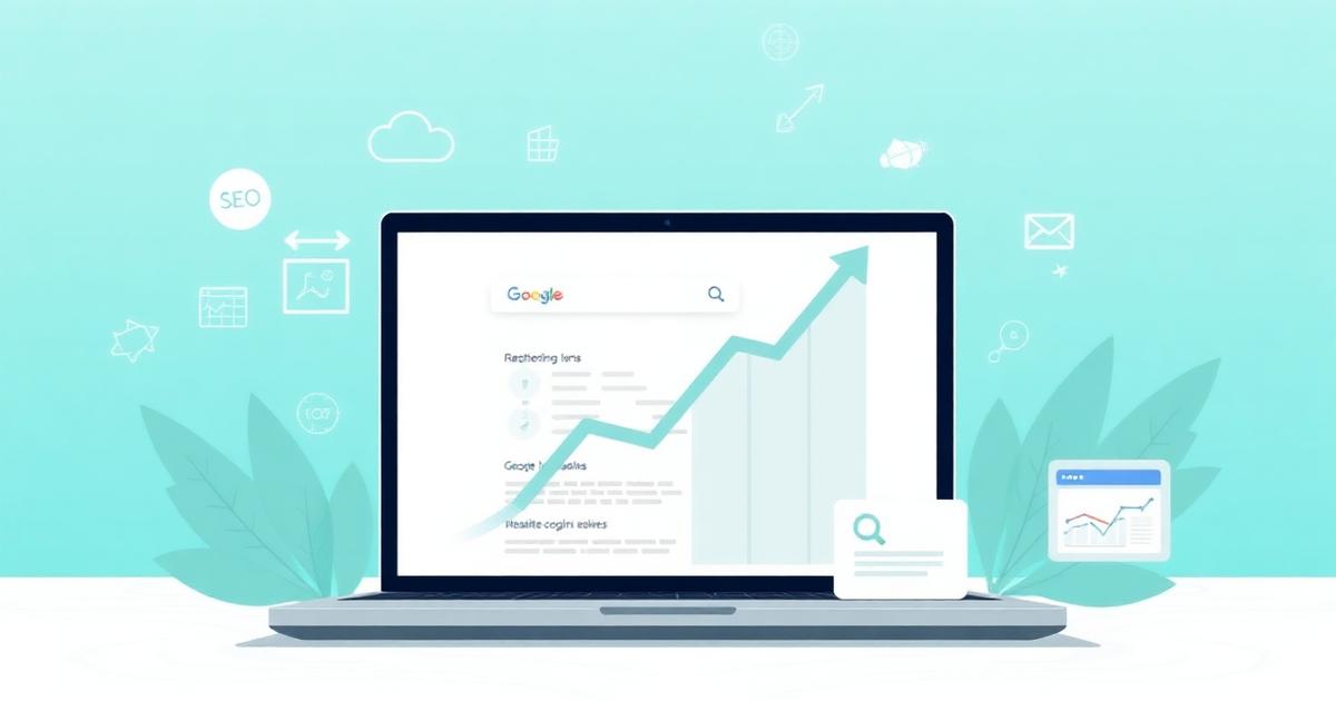 Laptop showing a Google search results page with an upward ranking arrow — illustration of digital marketing Maldives and SEO for local businesses